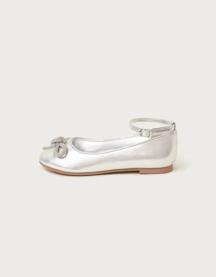 Monsoon BowEmbellished Ballet Flats Silver Children Partywear Monsoon BowEmbellished Ballet Flats Silver Children Partywear
