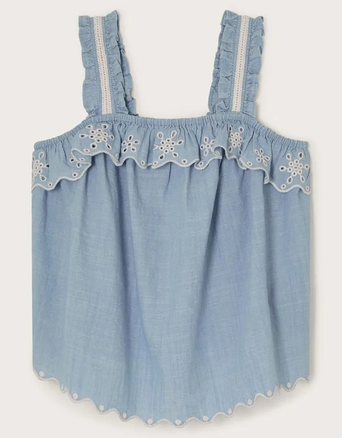 Monsoon Broderie Frill Top Blue Children Tops and Tshirts Monsoon Broderie Frill Top Blue Children Tops and Tshirts