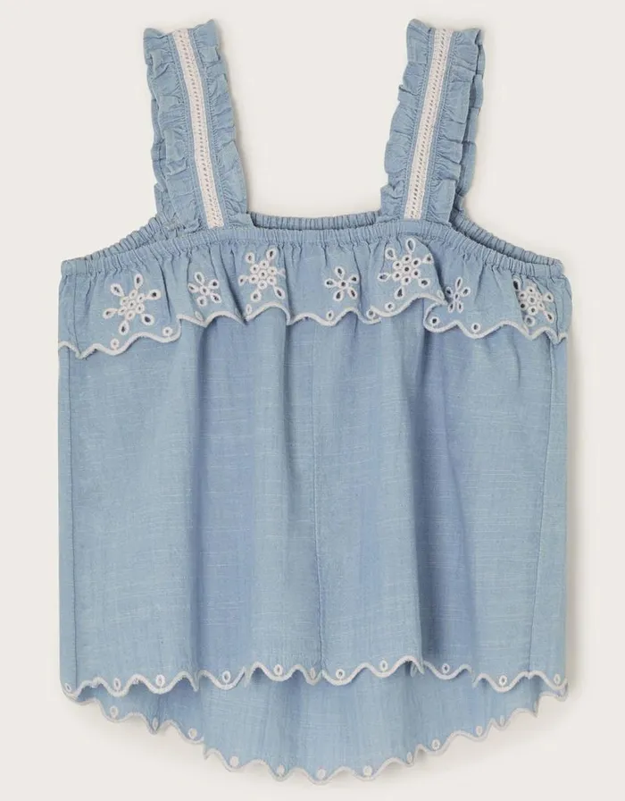 Monsoon Broderie Frill Top Blue Children Tops and Tshirts Monsoon Broderie Frill Top Blue Children Tops and Tshirts
