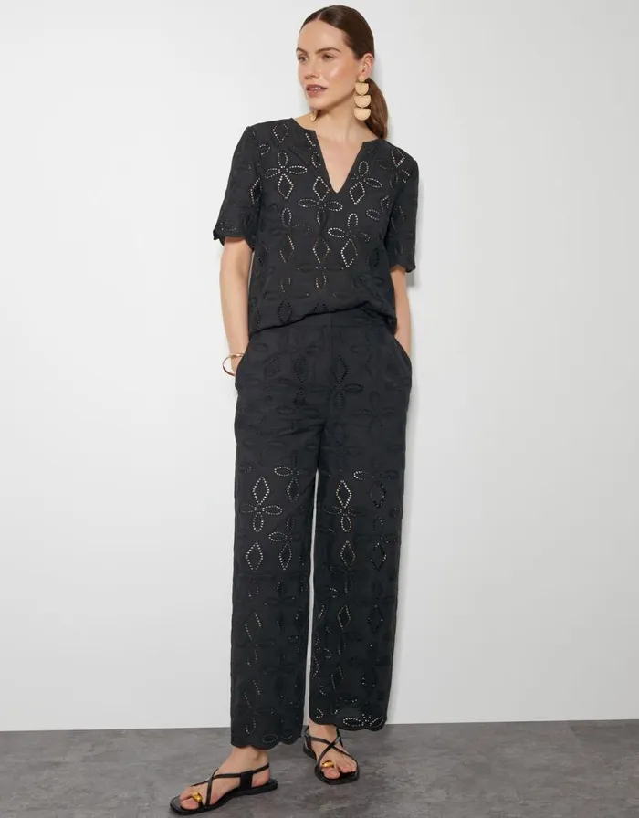 Monsoon Brooke Broderie Wide Leg Trousers Black Women Trousers and Jeans