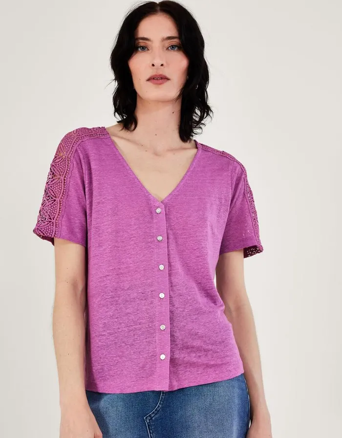 Monsoon Button Through Lace Linen TShirt Purple Women Tops and Blouses