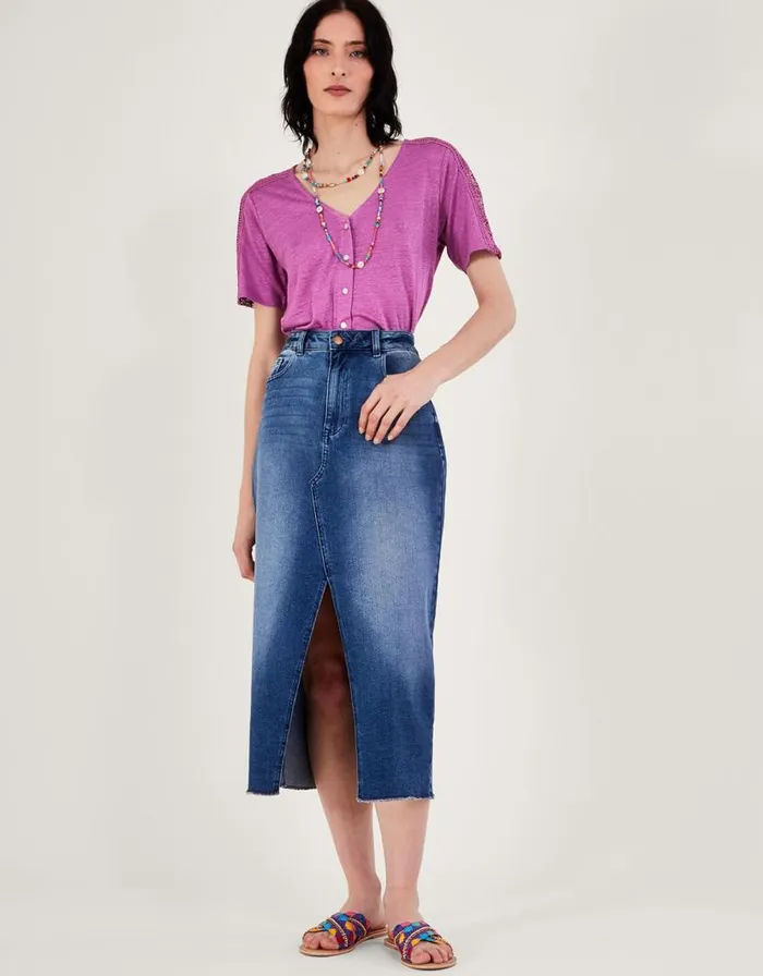 Monsoon Button Through Lace Linen TShirt Purple Women Tops and Blouses Monsoon Button Through Lace Linen TShirt Purple Women Tops and Blouses