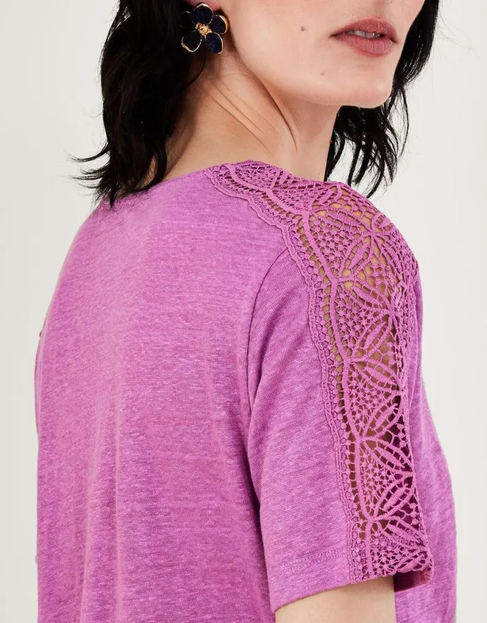 Monsoon Button Through Lace Linen TShirt Purple Women Tops and Blouses Monsoon Button Through Lace Linen TShirt Purple Women Tops and Blouses