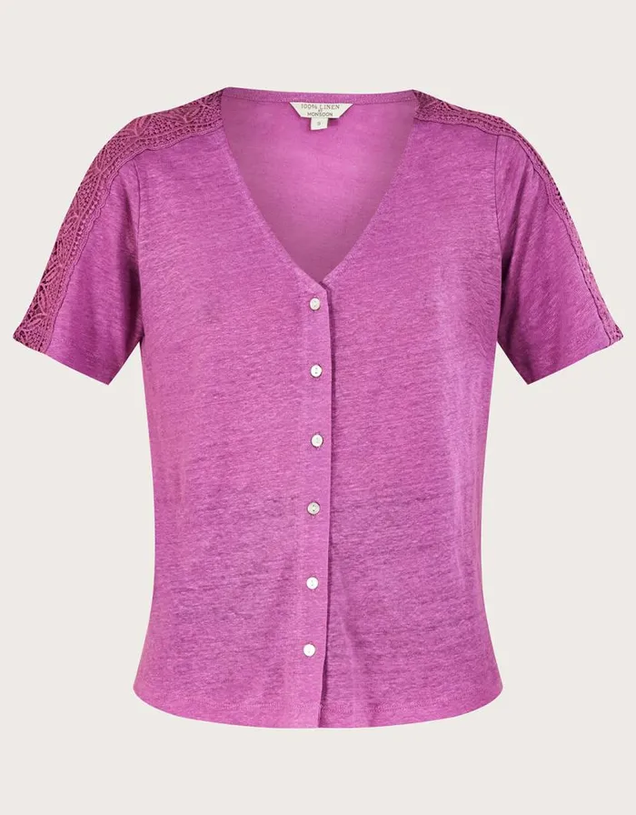 Monsoon Button Through Lace Linen TShirt Purple Women Tops and Blouses Monsoon Button Through Lace Linen TShirt Purple Women Tops and Blouses