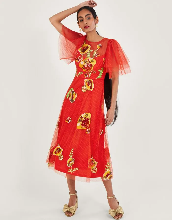 Monsoon Claudia Embellished Midi Dress Red Women Occasionwear