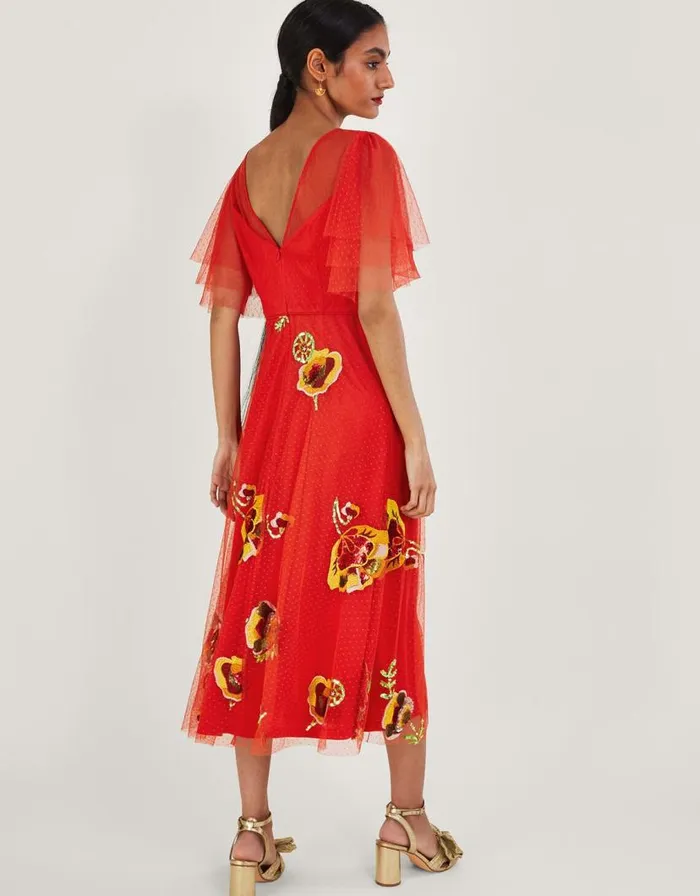 Monsoon Claudia Embellished Midi Dress Red Women Occasionwear Monsoon Claudia Embellished Midi Dress Red Women Occasionwear