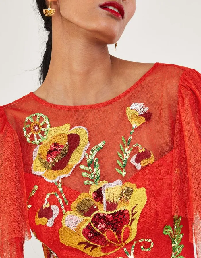 Monsoon Claudia Embellished Midi Dress Red Women Occasionwear Monsoon Claudia Embellished Midi Dress Red Women Occasionwear