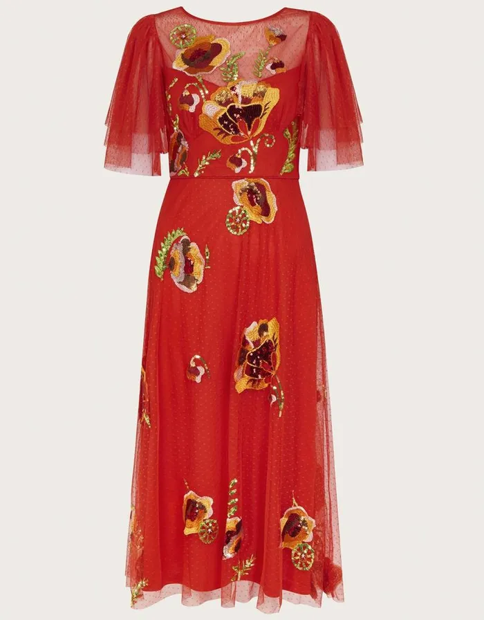 Monsoon Claudia Embellished Midi Dress Red Women Occasionwear Monsoon Claudia Embellished Midi Dress Red Women Occasionwear