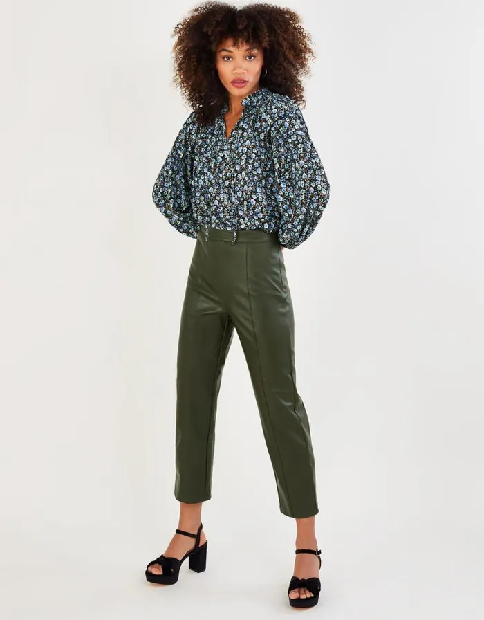 Monsoon Cora PU Culottes With Recycled Polyester Green Women Trousers and Jeans