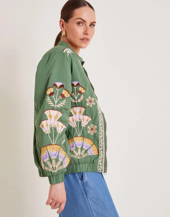 Monsoon Cristina Embroidered Bomber Jacket Green Women Casualwear