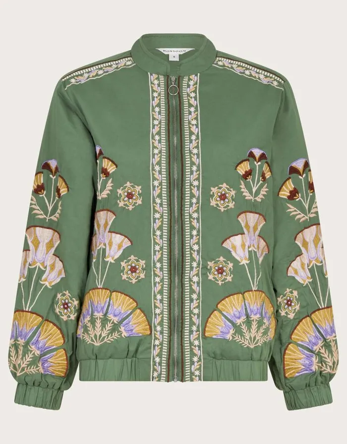 Monsoon Cristina Embroidered Bomber Jacket Green Women Casualwear Monsoon Cristina Embroidered Bomber Jacket Green Women Casualwear