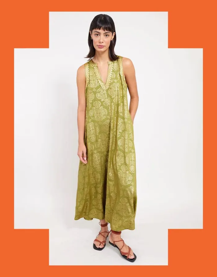 Monsoon East Aviana Metallic Dress Green Women Summer Dresses