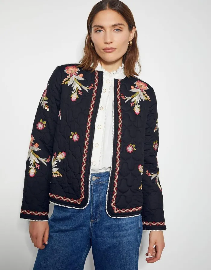 Monsoon Elisha Floral Embroidered Quilted Jacket Black Women Casualwear