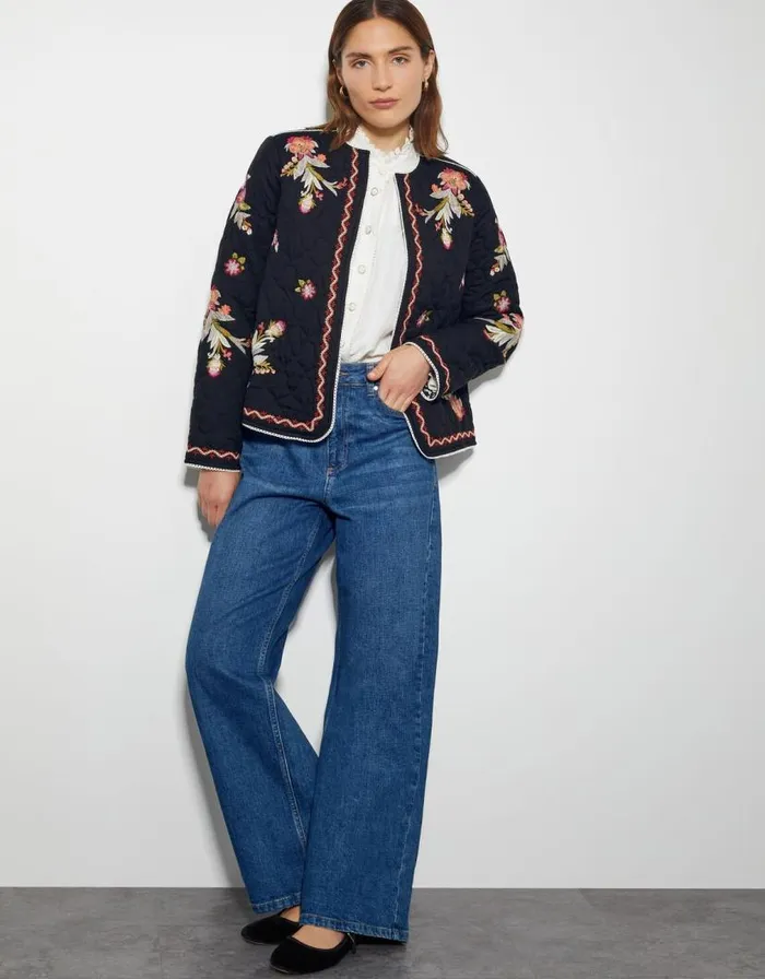 Monsoon Elisha Floral Embroidered Quilted Jacket Black Women Casualwear Monsoon Elisha Floral Embroidered Quilted Jacket Black Women Casualwear