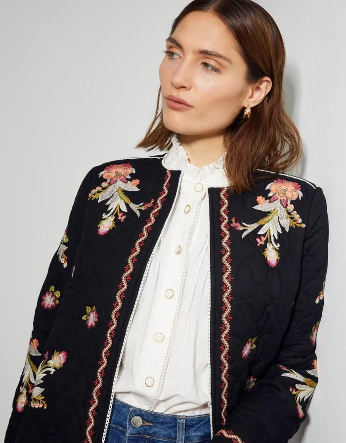 Monsoon Elisha Floral Embroidered Quilted Jacket Black Women Casualwear Monsoon Elisha Floral Embroidered Quilted Jacket Black Women Casualwear