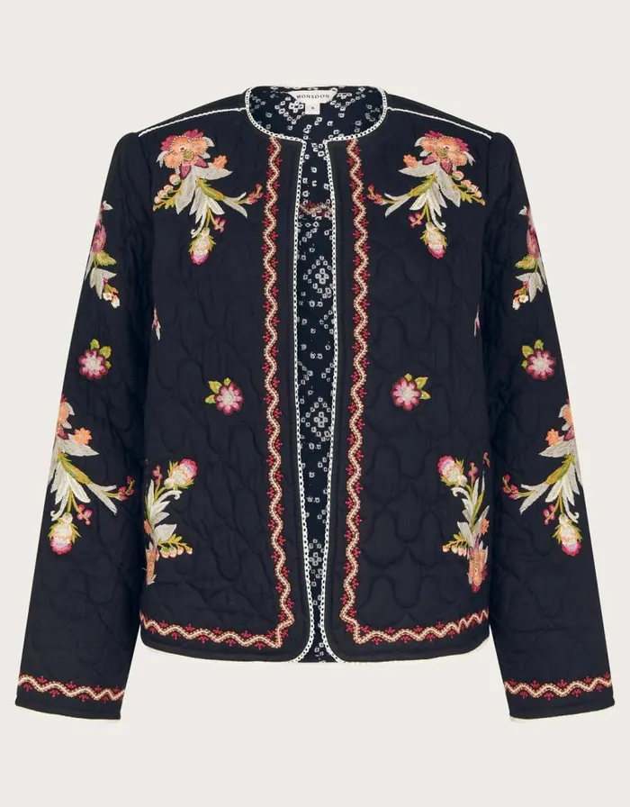 Monsoon Elisha Floral Embroidered Quilted Jacket Black Women Casualwear Monsoon Elisha Floral Embroidered Quilted Jacket Black Women Casualwear
