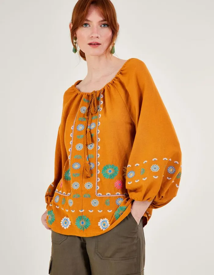 Monsoon Embroidered Flower Tunic Top In Linen Blend Yellow Women Tops and Blouses