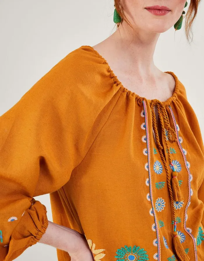 Monsoon Embroidered Flower Tunic Top In Linen Blend Yellow Women Tops and Blouses Monsoon Embroidered Flower Tunic Top In Linen Blend Yellow Women Tops and Blouses
