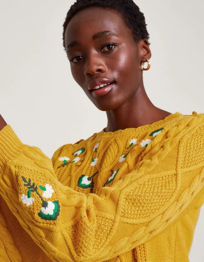 Monsoon Etta Embroidered Jumper Yellow Women Knitwear