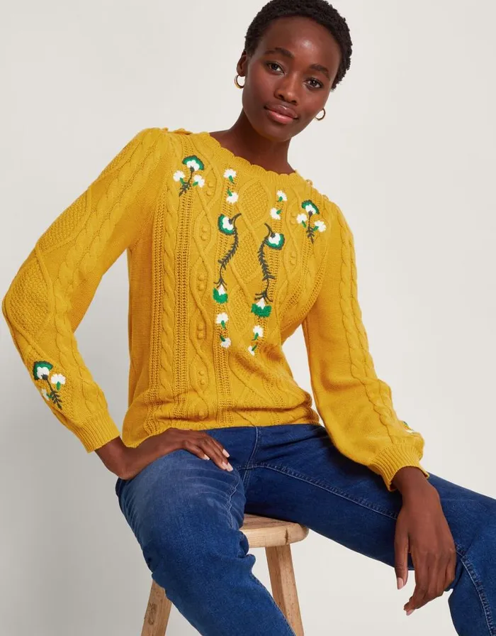 Monsoon Etta Embroidered Jumper Yellow Women Knitwear Monsoon Etta Embroidered Jumper Yellow Women Knitwear
