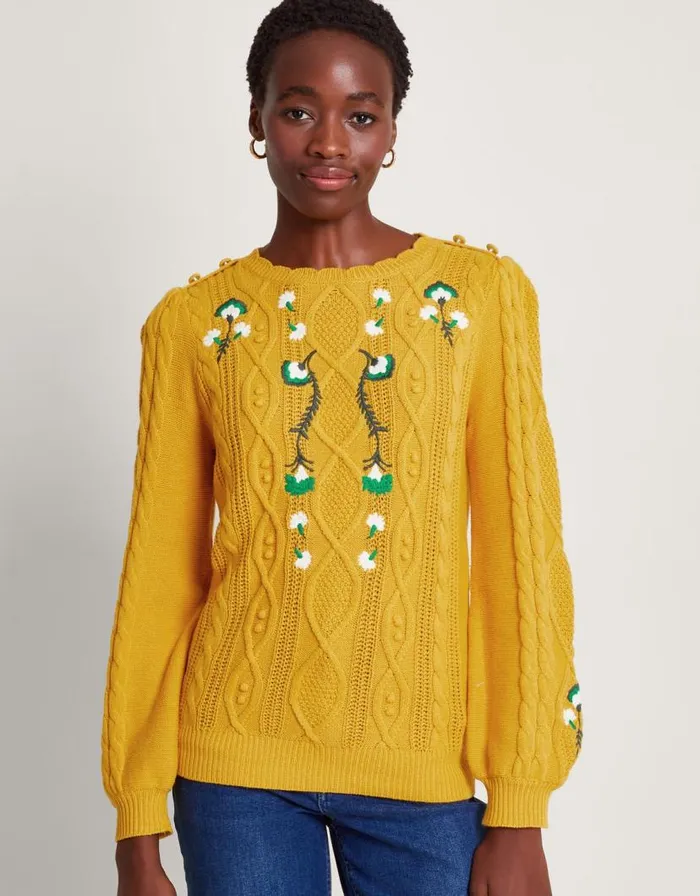 Monsoon Etta Embroidered Jumper Yellow Women Knitwear Monsoon Etta Embroidered Jumper Yellow Women Knitwear