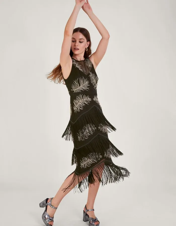 Monsoon Fari Embellished Fringe Dress Black Women Occasionwear