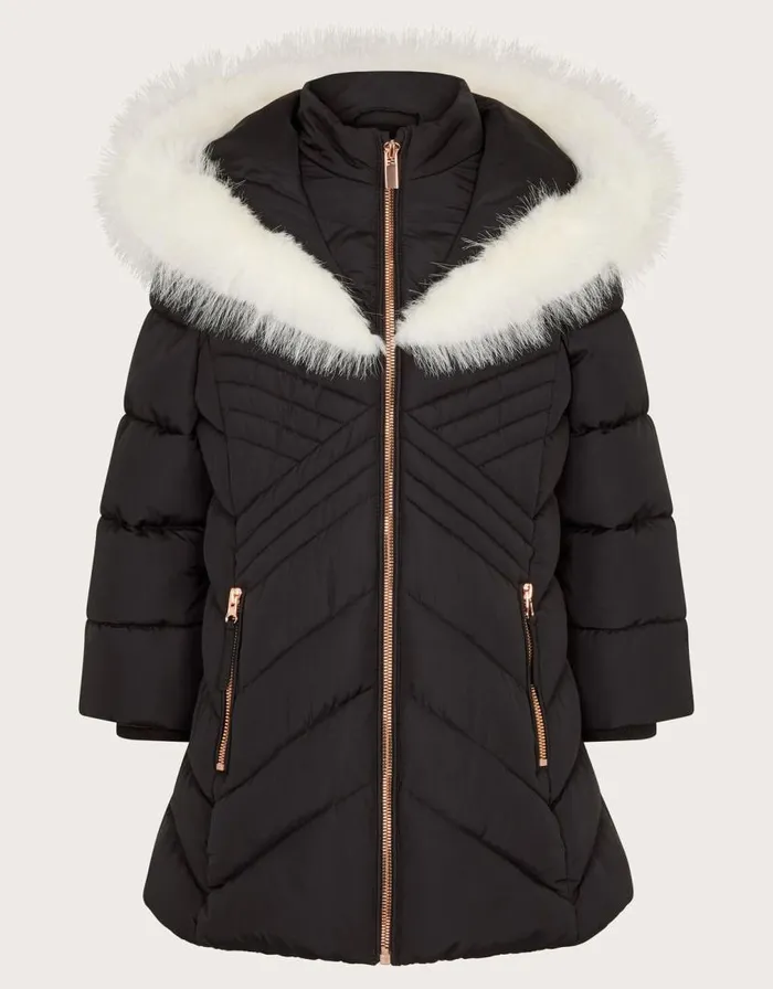 Monsoon Faux Fur Trim Chevron Puffer Coat Black Children Coats and Jackets