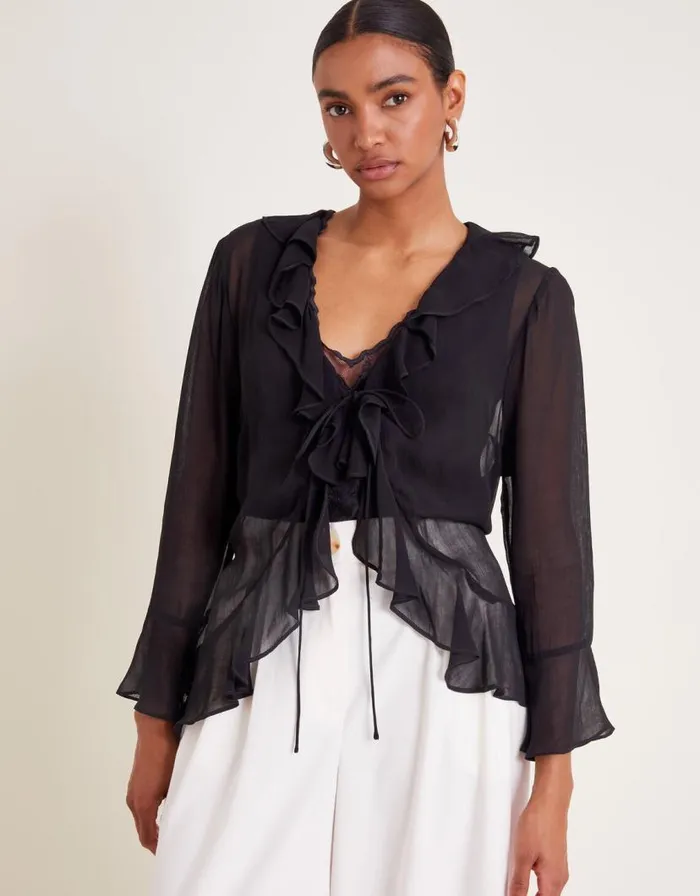 Monsoon Fiona Sheer Frill TieFront Blouse Black Women Tops and Blouses Monsoon Fiona Sheer Frill TieFront Blouse Black Women Tops and Blouses