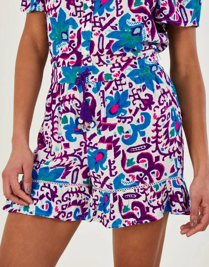 Monsoon Fire Flower Ikat Print Shorts Blue Women Beachwear and Swimwear Monsoon Fire Flower Ikat Print Shorts Blue Women Beachwear and Swimwear