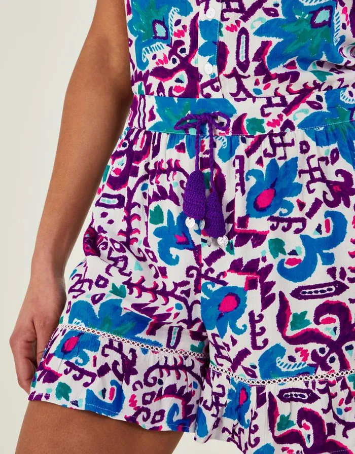 Monsoon Fire Flower Ikat Print Shorts Blue Women Beachwear and Swimwear Monsoon Fire Flower Ikat Print Shorts Blue Women Beachwear and Swimwear
