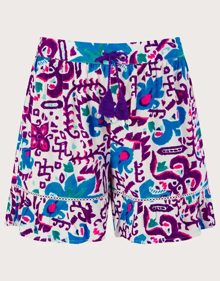 Monsoon Fire Flower Ikat Print Shorts Blue Women Beachwear and Swimwear Monsoon Fire Flower Ikat Print Shorts Blue Women Beachwear and Swimwear