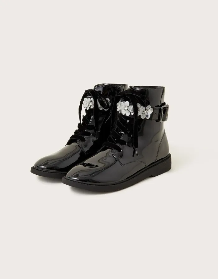 Monsoon Flo Patent Sequin Biker Boots Black Children Girls039 Shoes and Sandals