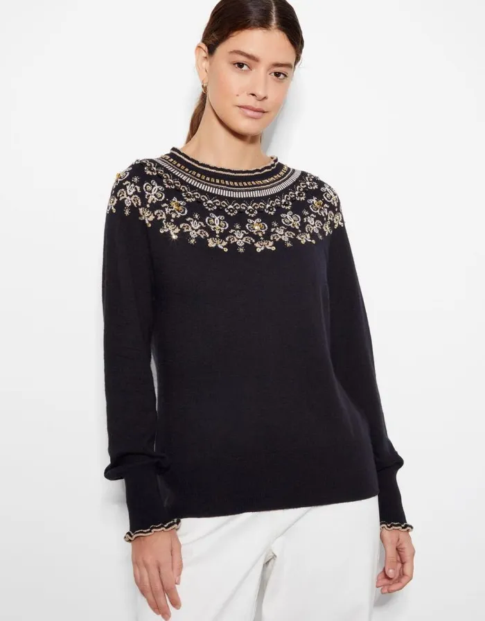 Monsoon Flo Sequin Fair Isle Jumper Black Women Knitwear Monsoon Flo Sequin Fair Isle Jumper Black Women Knitwear
