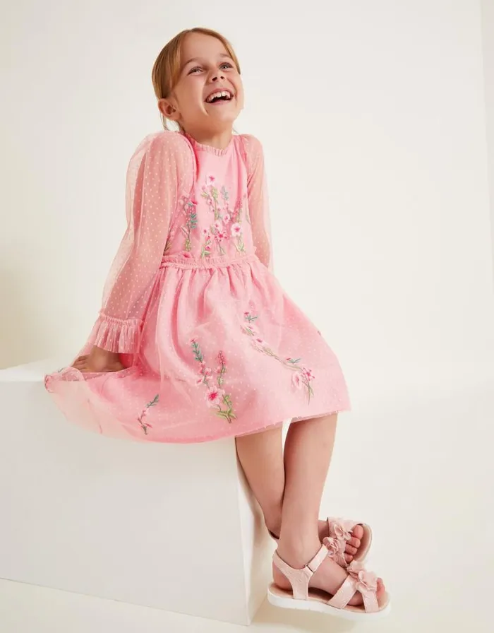 Monsoon Floral Embellished Dobby Dress Pink Children Dresses