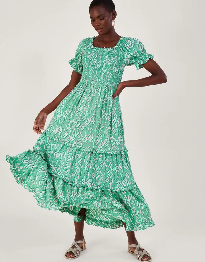 Monsoon Gigi Print Bardot Maxi Dress In Sustainable Viscose Green Women Maxi Dresses