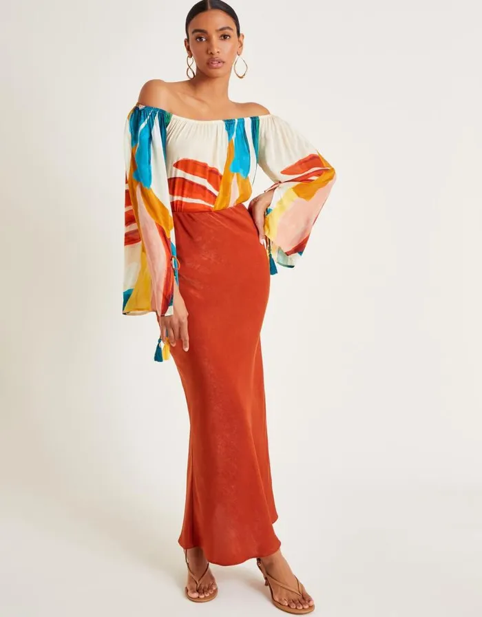 Monsoon Ivy Printed Long Sleeve Bardot Top Brown Women Tops and Blouses Monsoon Ivy Printed Long Sleeve Bardot Top Brown Women Tops and Blouses