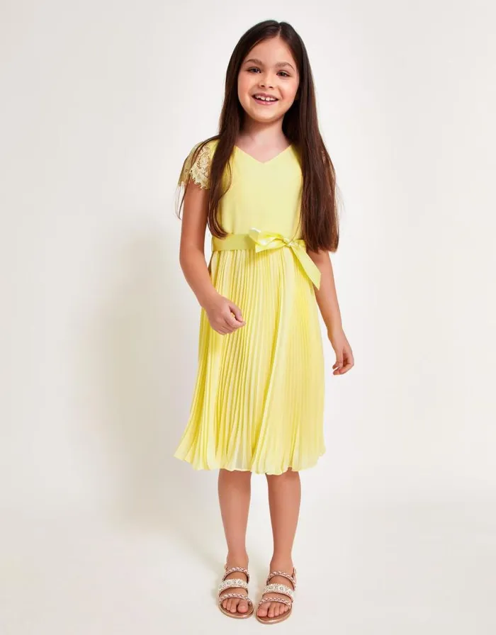 Monsoon Katy Lace Pleated Dress Yellow Children Dresses