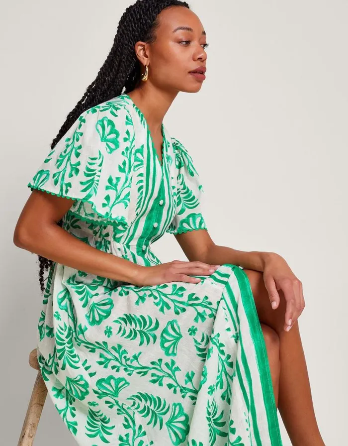 Monsoon Lani Button Dress In Linen Blend Ivory Women Beachwear and Swimwear