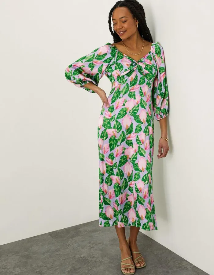 Monsoon Lily Print Twist Dress With Recycled Polyester Purple Women Occasionwear Monsoon Lily Print Twist Dress With Recycled Polyester Purple Women Occasionwear