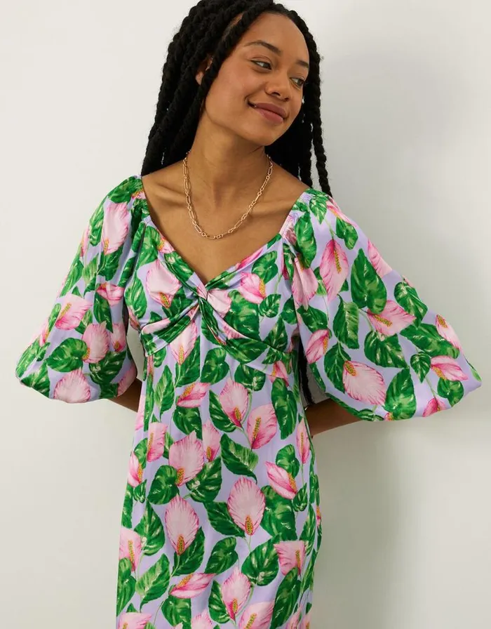 Monsoon Lily Print Twist Dress With Recycled Polyester Purple Women Occasionwear Monsoon Lily Print Twist Dress With Recycled Polyester Purple Women Occasionwear