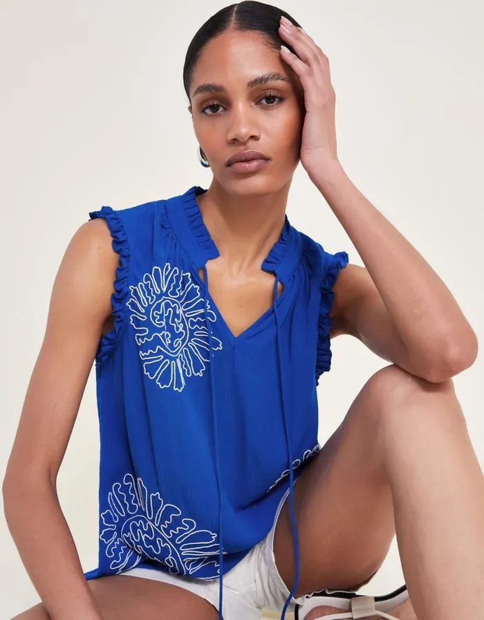 Monsoon Meena Embroidered Top Blue Women Tops and Blouses