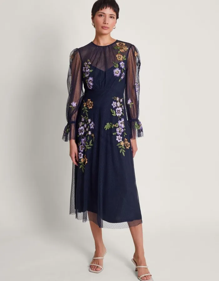 Monsoon Phoebe Embellished Tea Dress Blue Women Occasionwear