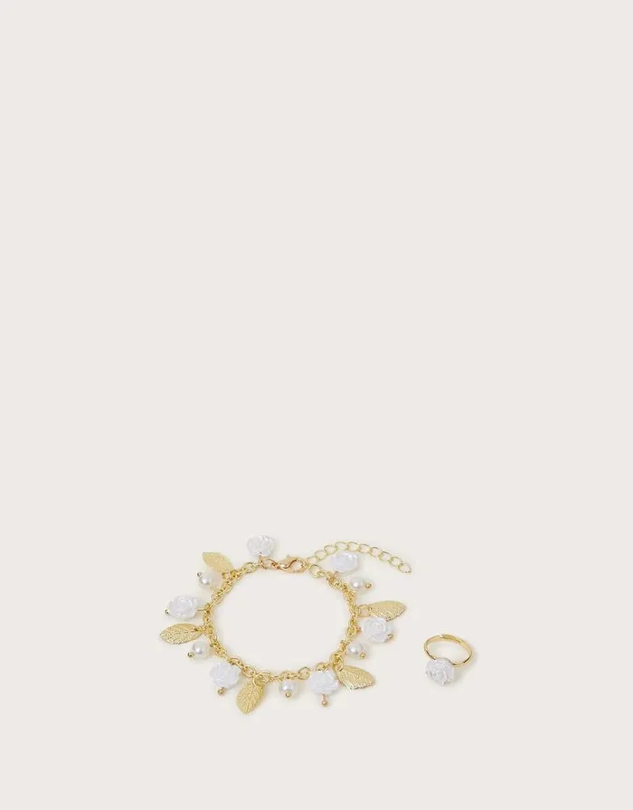Monsoon Pretty Rose Charm Bracelet And Ring Set Children Girls039 Jewellery