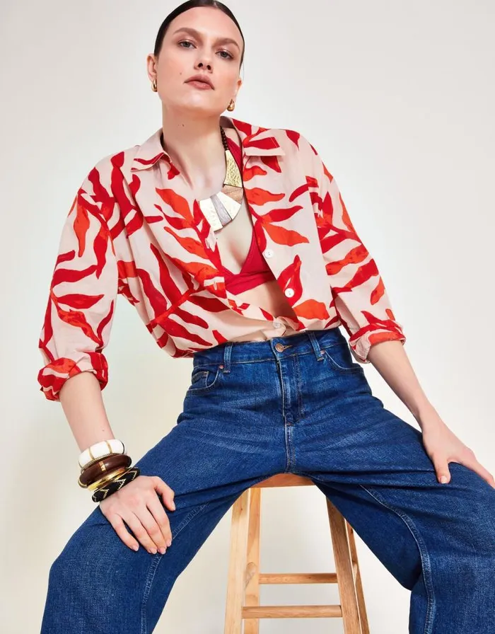 Monsoon Priya Palm Print Shirt Red Women Tops and Blouses Monsoon Priya Palm Print Shirt Red Women Tops and Blouses