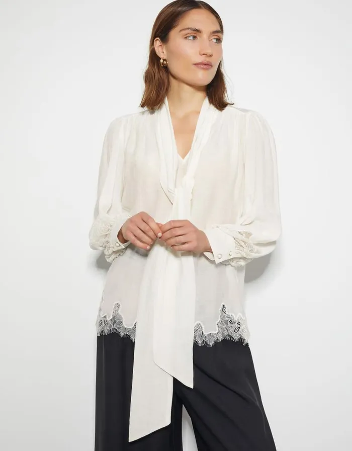Monsoon Reece Lacy Pussybow Blouse Ivory Women Tops and Blouses