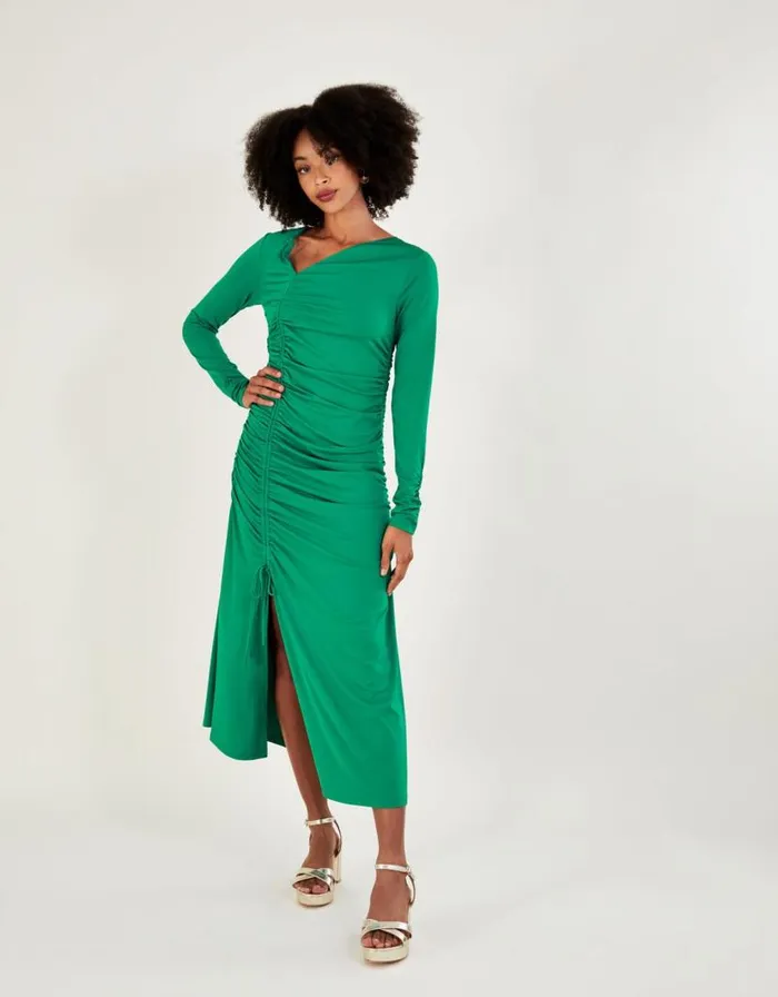 Monsoon Ruched Side Jersey Dress Green Women Midi Dresses