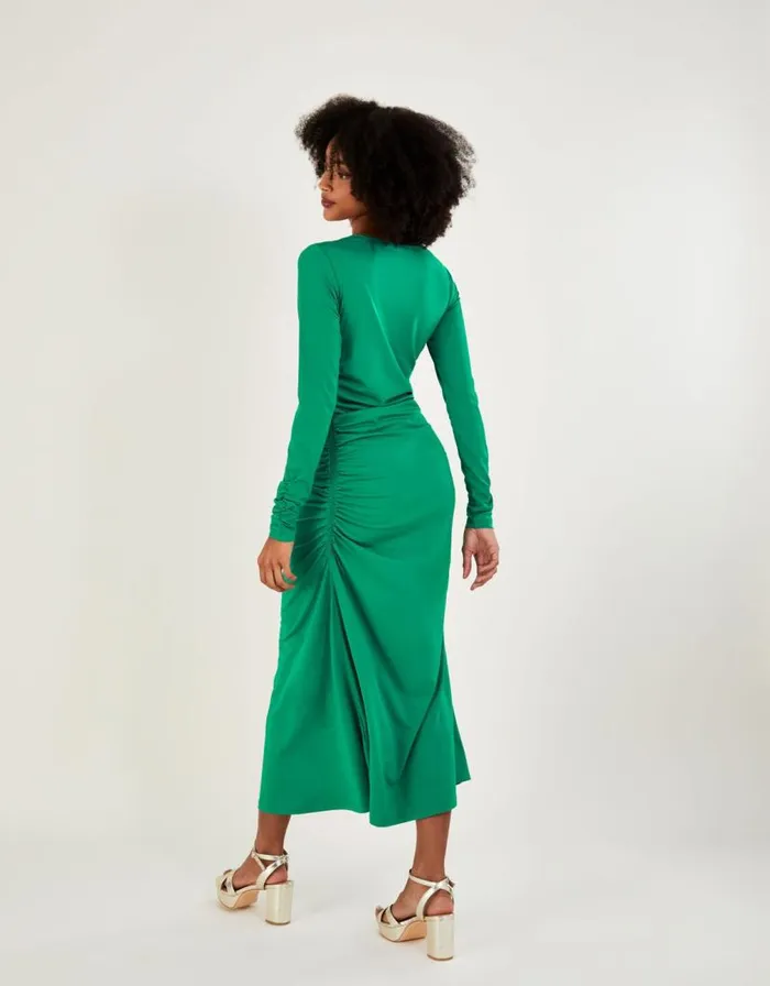Monsoon Ruched Side Jersey Dress Green Women Midi Dresses Monsoon Ruched Side Jersey Dress Green Women Midi Dresses