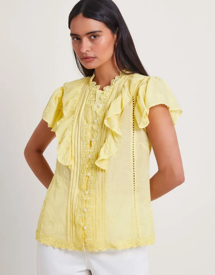 Monsoon Rue Embroidered Ruffle Blouse Yellow Women Tops and Blouses