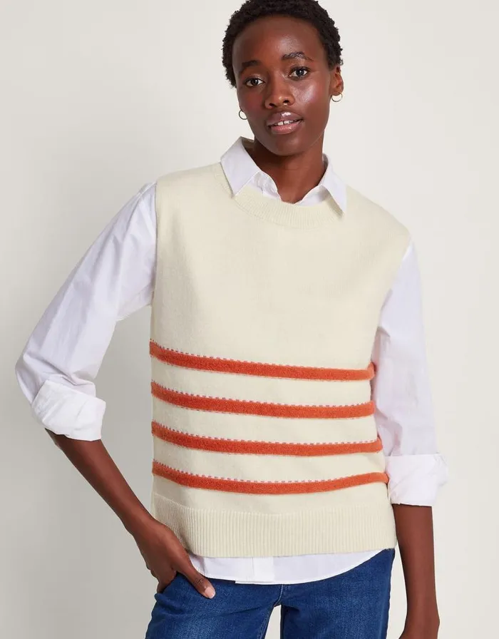 Monsoon Sable Stripe Knit Vest Ivory Women Knitwear