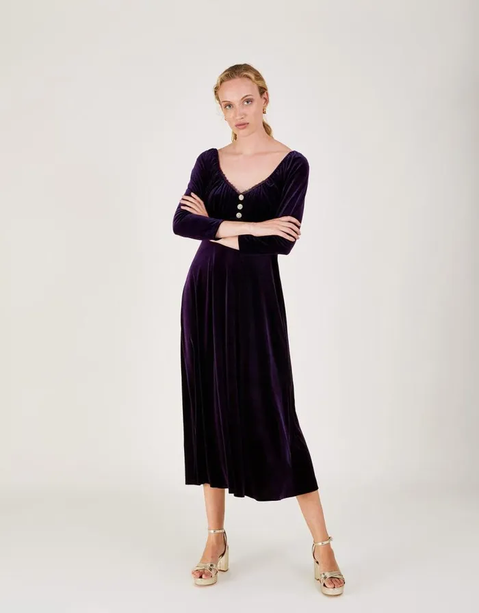 Monsoon Sara Velvet Midi Dress Purple Women Occasionwear